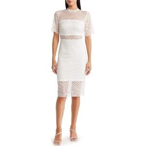 NWT Love X Design Lace Sheer Panel Knee Length Dress Gardenia White Women Size M